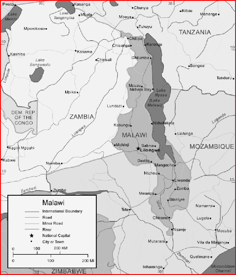 Black and white Malawi map image: Black and white Malawi map